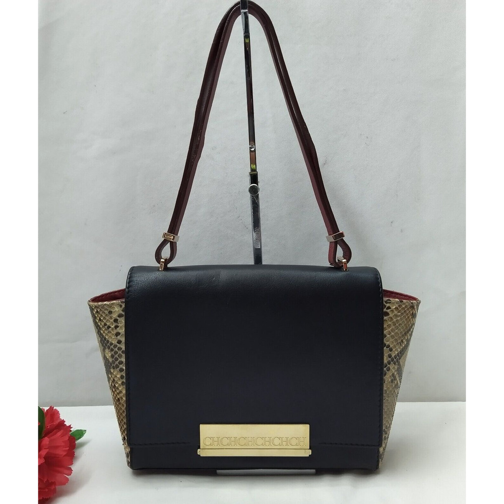 CH Carolina Herrera Black Leather Snakeskin Detail Pushlock Flap Shoulder Bag